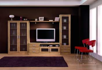 Modular Comedor C-5 - Composición de madera de pino: vitrina 95 cm. + estante + módulo TV + vitrina 50 cm.