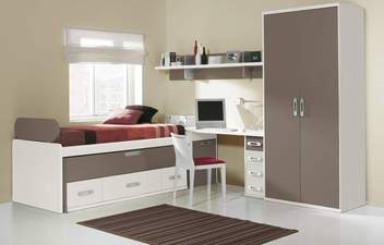 Dormitorio Juvenil 105 - Camas, arcón, escritorio, armario y estante juvenil