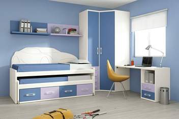 Dormitorio Juvenil 108 - Camas,  escritorio, armario y estantes juvenil