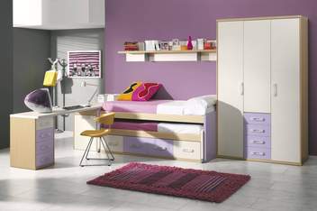 Dormitorio Juvenil 113 - Camas, arcón, escritorio, armario y estantes juvenil