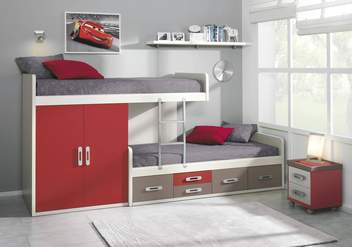 Dormitorio Juvenil 506 - Block de 2 camas, armario, estante y mesita