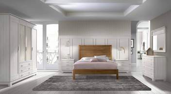 Dormitorio Matrimonio V2 - Composición dormitorio: Cama con cabezal y bañera de madera de 150 cm. y 2 mesitas de 3 cajones