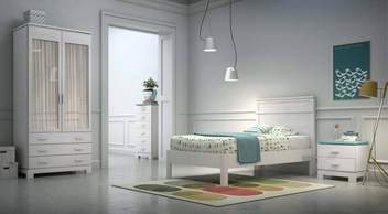 Dormitorio V1 - Composición dormitorio: Cama con cabezal y bañera de madera 105 cm. y mesita de 2 cajones