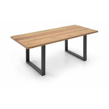 Mesa Enzo Tablero Macizo - Mesa de comedor rectangular, con patas metálicas de color negro y tablero de madera maciza de 4 cm de grosor.