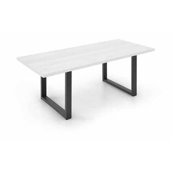 Mesa Enzo Tablero Chapa - Mesa de comedor rectangular, con patas metálicas de color negro y tablero de chapa de madera en varios colores.