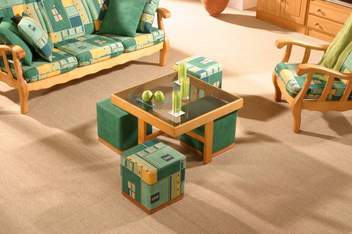 Mesa Centro Dados - Mesa de centro cuadrada con cristal, con 4 pufs extraibles con forma de dados