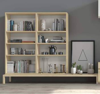 Módulo librero para salón - Módulo librero para salón, de colgar o con base a suelo. 6 estantes y 8 huecos. En madera de pino macizo