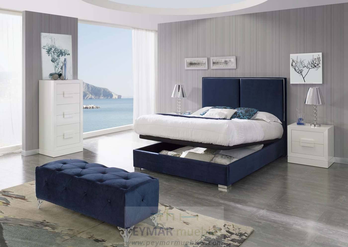 Cama con canapé abatible tapizada en polipiel, tela o terciopelo,  disponible en varios tamaños y colores.