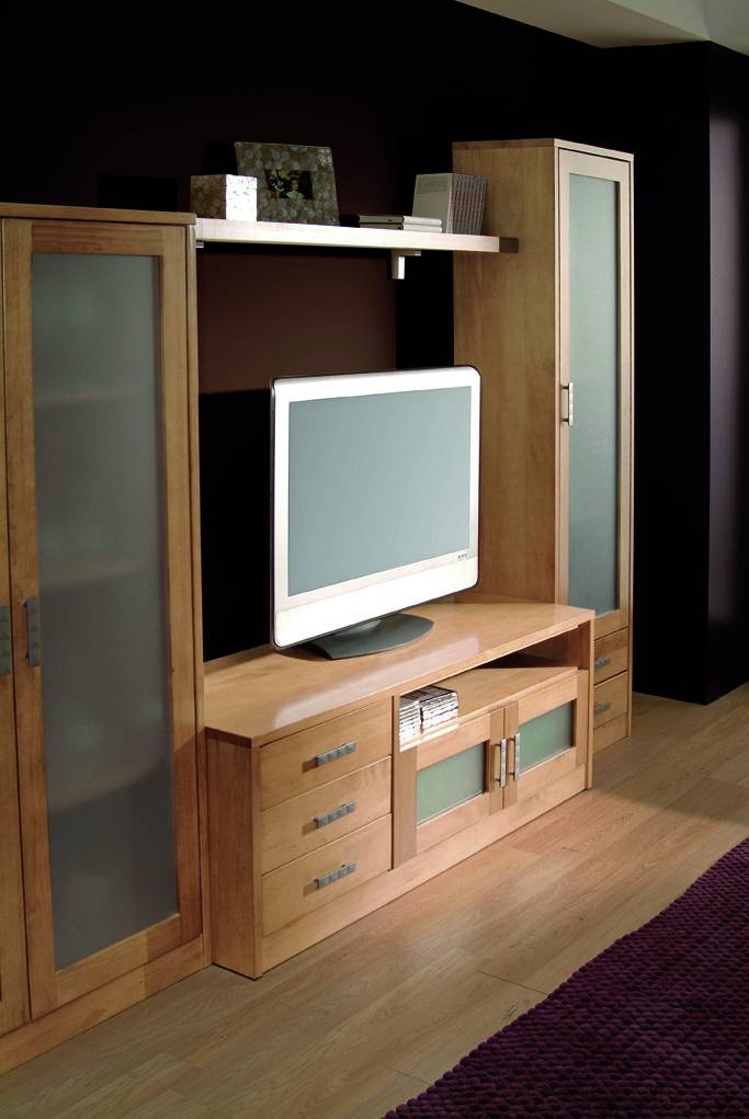 Modular Comedor C-5 - Composición de madera de pino: vitrina 95 cm. + estante + módulo TV + vitrina 50 cm.