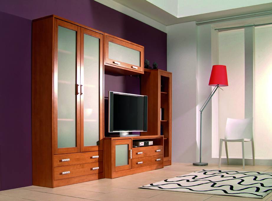 Modular Comedor C-1 - Composición de madera de pino: vitrina + módulo TV + módulo bar + estante + librero