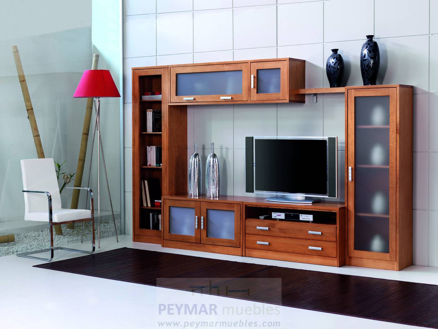 Modular Comedor C-4 - Composición de madera de pino: librero + módulo bar + módulo bajo + módulo TV + estante + vitrina