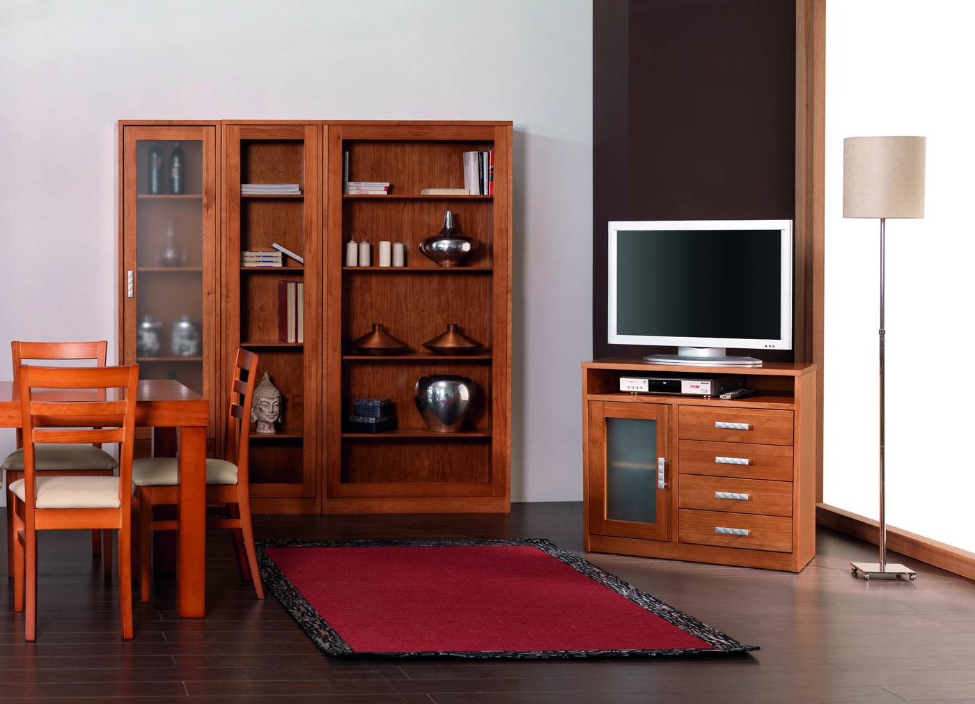 Modular Comedor C-10 - Composición de madera de pino: vitrina + librero 50 cm + librero 95 cm + mesa TV
