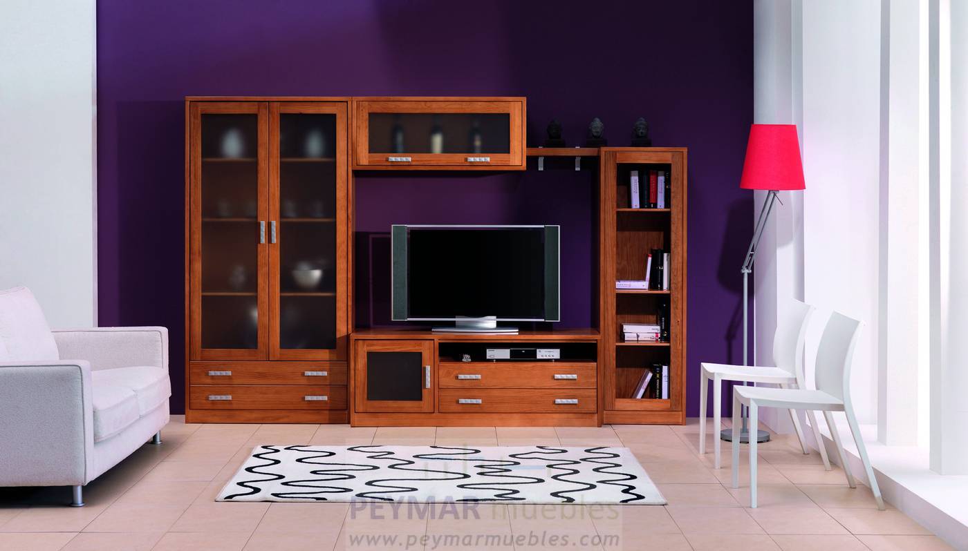 Mueble para salones comedores con vitrinas en vertical y módulo televisión  madera