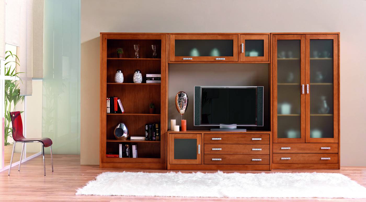 Composición de madera de pino: librero + vitrina + módulo TV + módulo bar