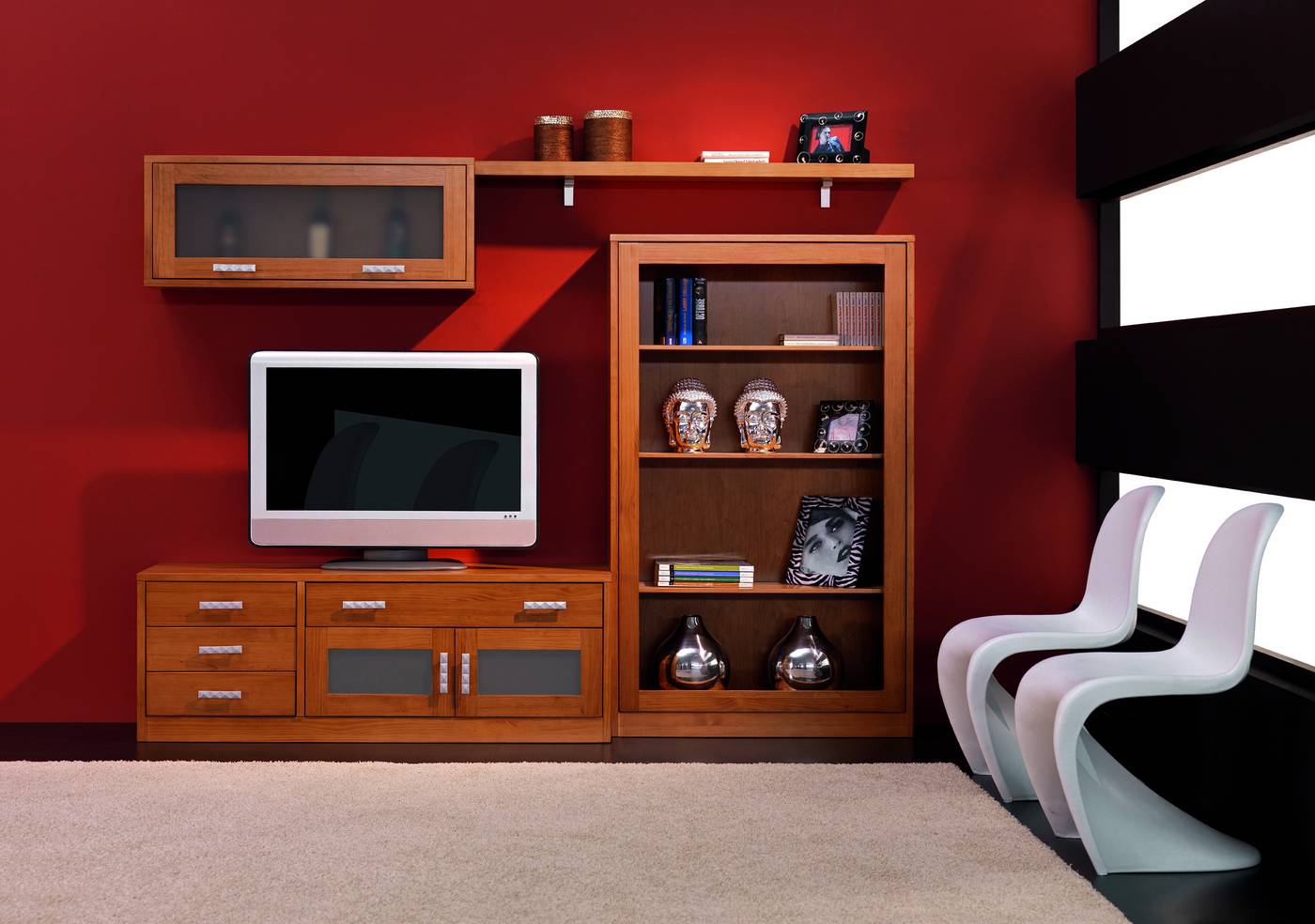 Modular Comedor C-8 - Composición de madera de pino: módulo bar + módulo TV + estante + librero
