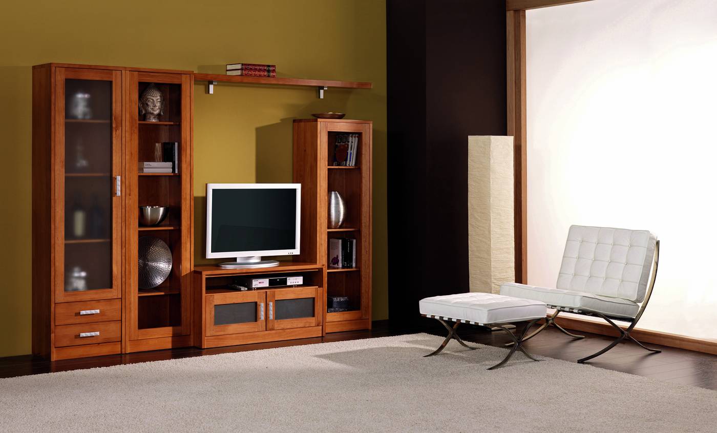 Modular Comedor C-9 - Composición de madera de pino: vitrina + librero alto + módulo TV + librero bajo + estante