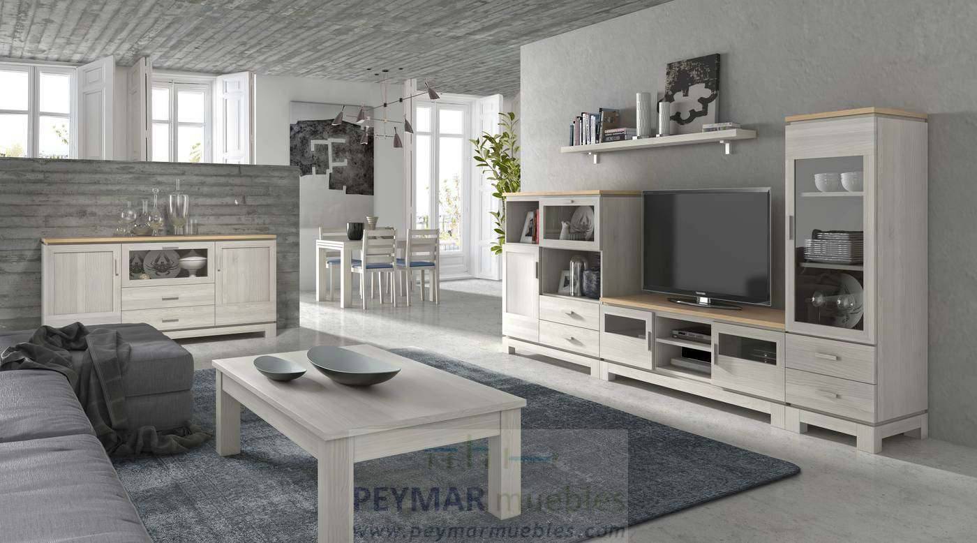 Composición salón comedor con mueble TV, módulo alto y vitrina HORA