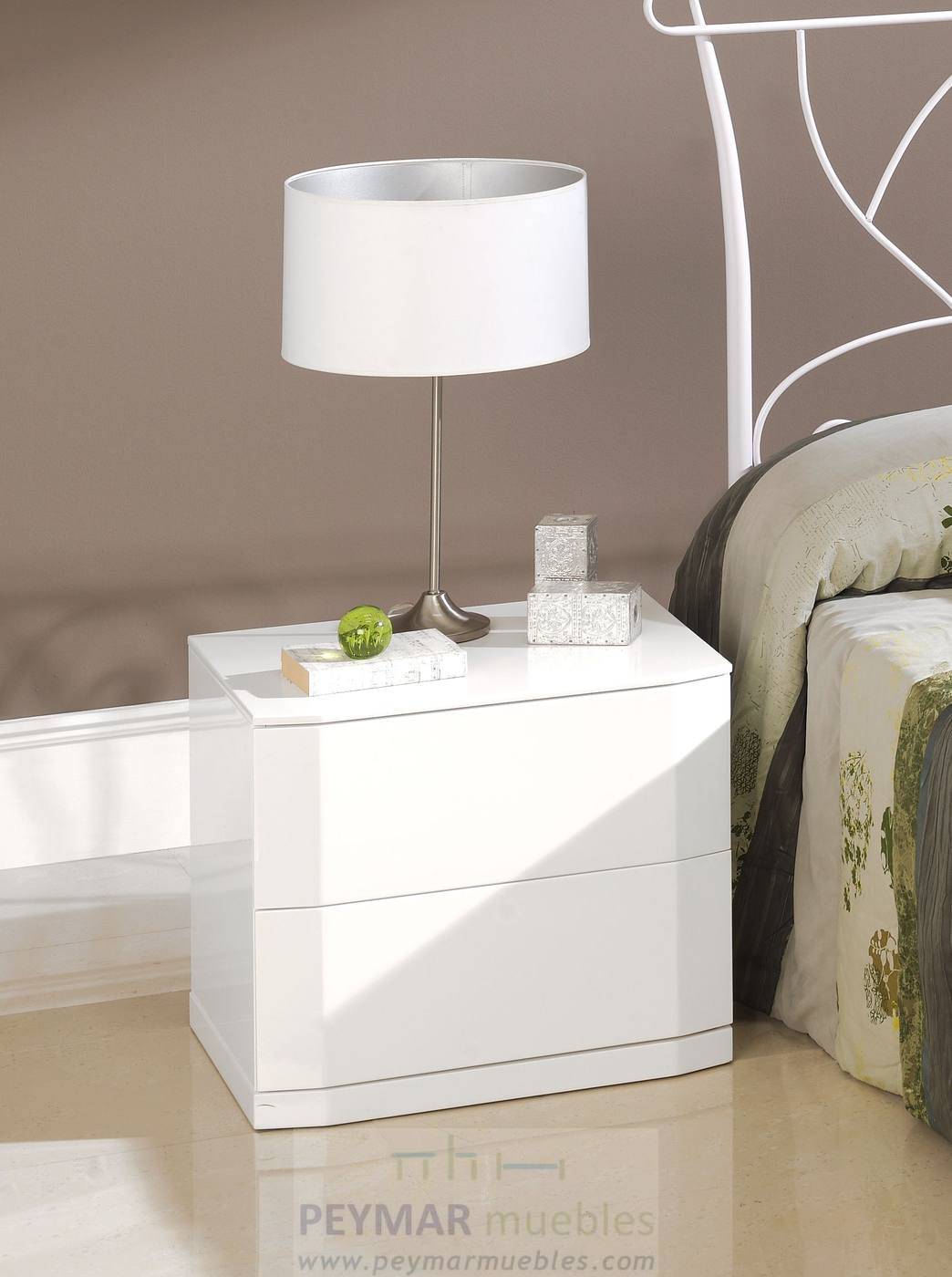 Mesita Noche LD M-102 Blanca - Mesita de noche minimalista, de dos cajones, lacada en color blanco brillo