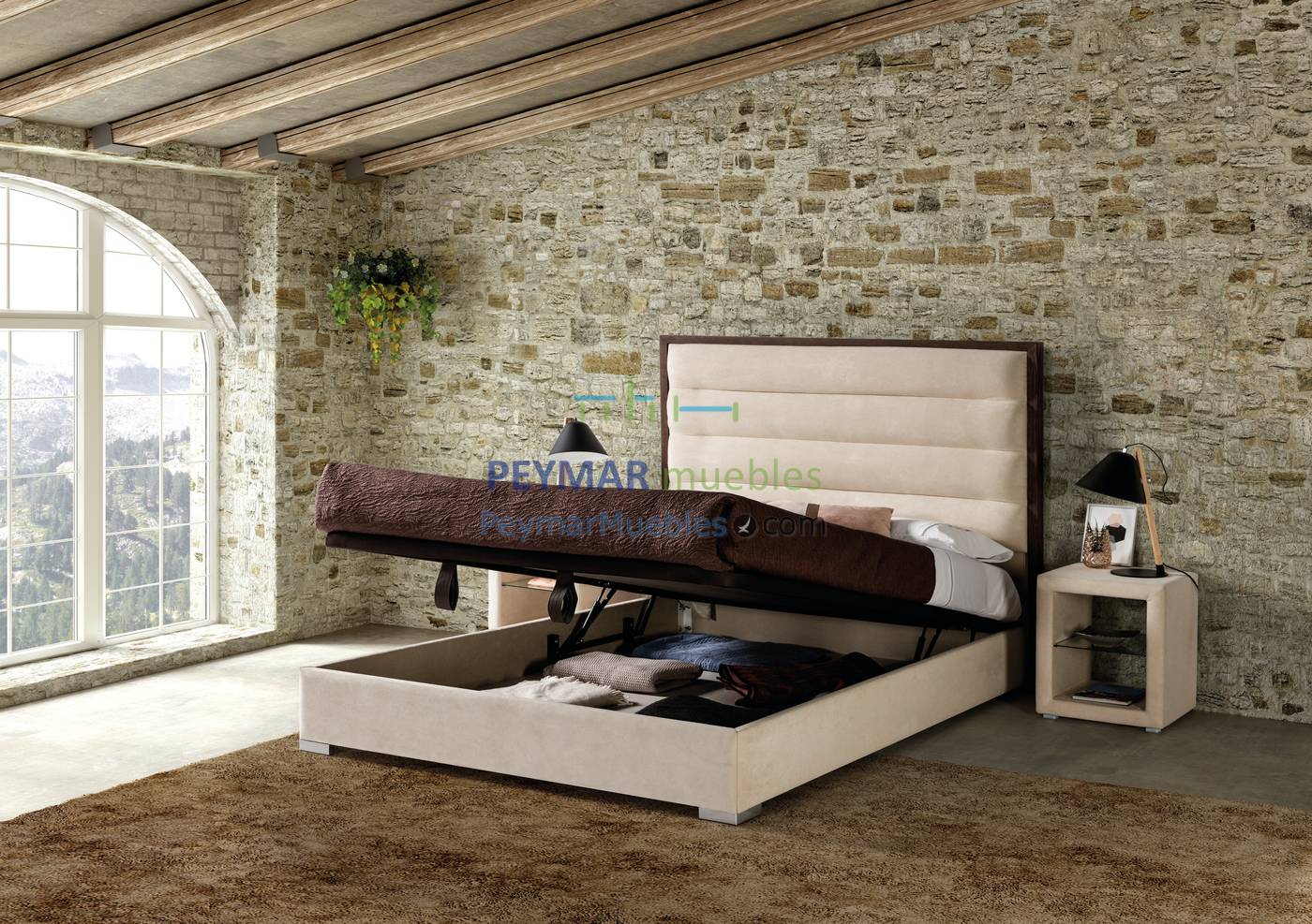 Cama con canapé abatible tapizado en polipiel, tela o terciopelo, para cama de 150, 160 o 180 cm, disponible en varios colores.