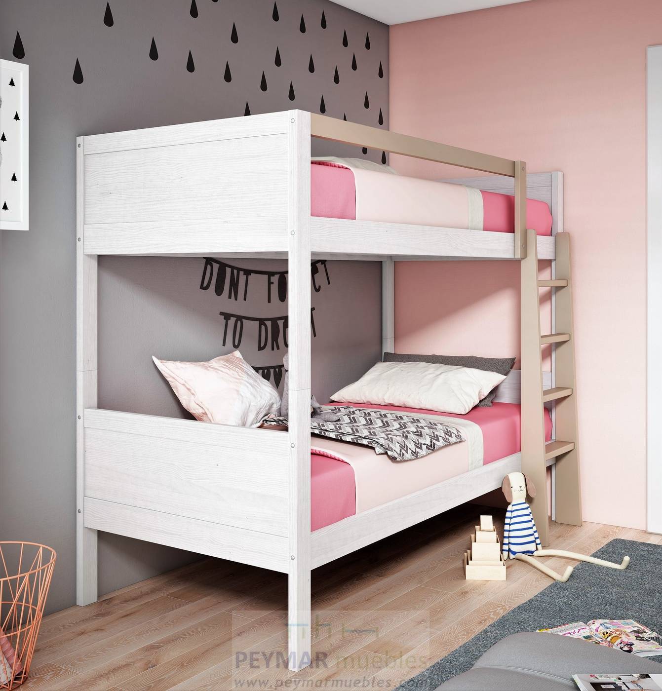 Litera Coral Plafón - Litera Corál con cabeceros y pieceros plafón. Fabricada de madera de pino maciza. Pintada en una gran variedad de colores.
