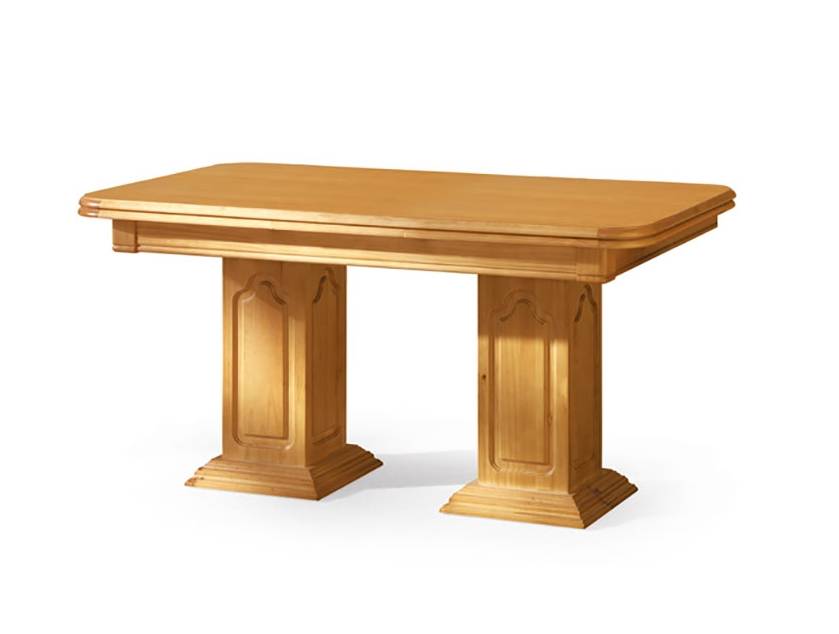Mesa de comedor rectangular extensible de dos columnas, fabricada de madera de pino maciza. Disponible en varios colores.