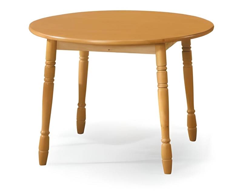 Mesa de comedor redonda, con patas torneadas. Fabricada de madera de pino maciza en varios colores.