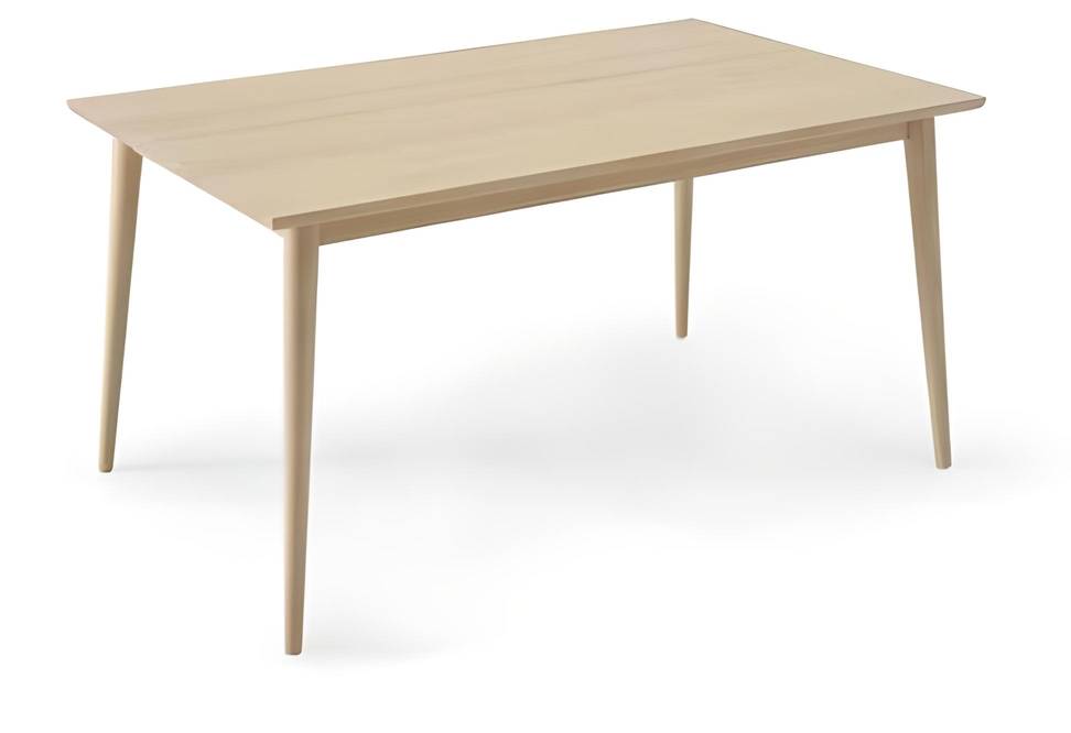 Mesa de comedor cuadrada o rectangular, con patas cónicas. Fabricada de madera de pino maciza en varios colores.