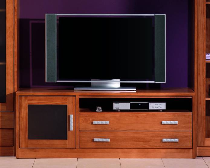 Modular Comedor C-1 - Composición de madera de pino: vitrina + módulo TV + módulo bar + estante + librero