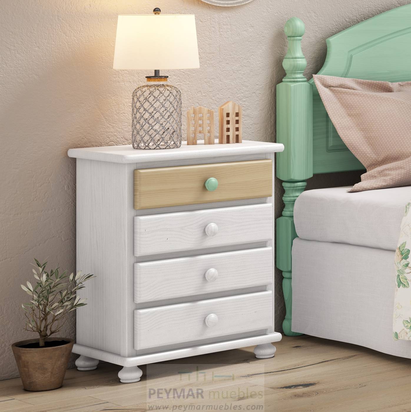 comoda blanca dormitorio con 4 cajones de madera de pino maciza