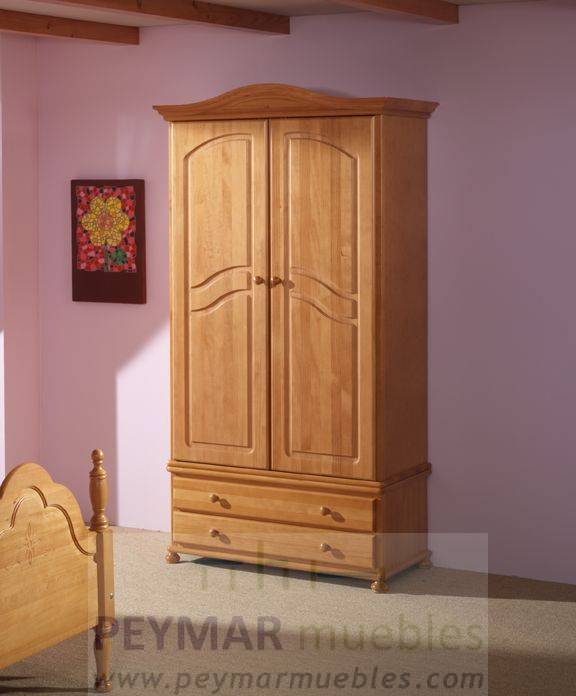 Armario ropero de 2 puertas y 2 cajones, de madera de pino maciza