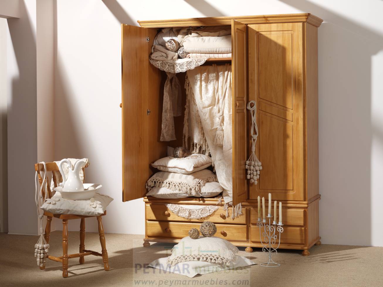 Armario 2 Puertas Provenzal - Armario ropero de 2 puertas y 2 cajones, de madera de pino maciza