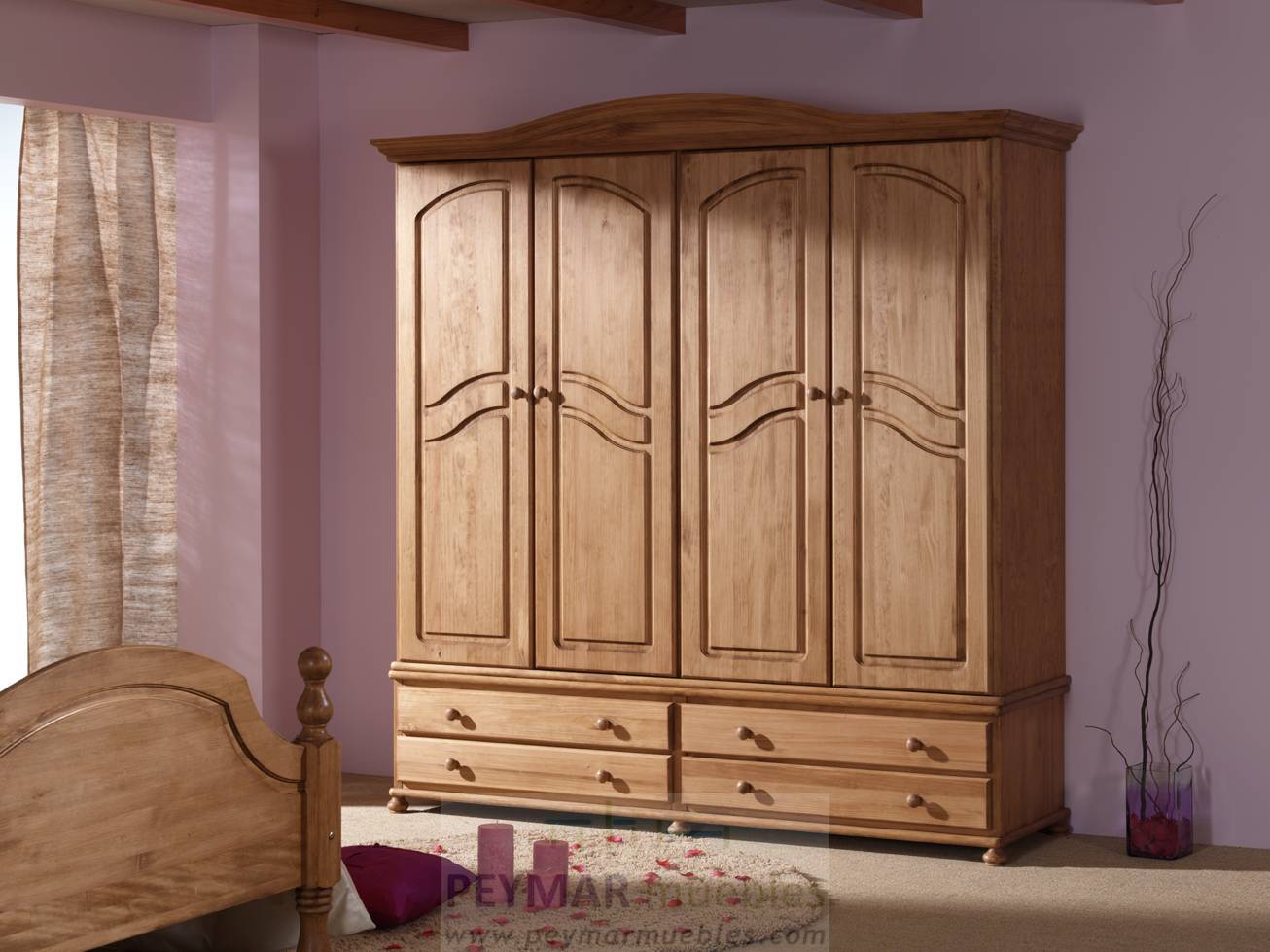 Armario ropero de 4 puertas y 4 cajones, de madera de pino maciza