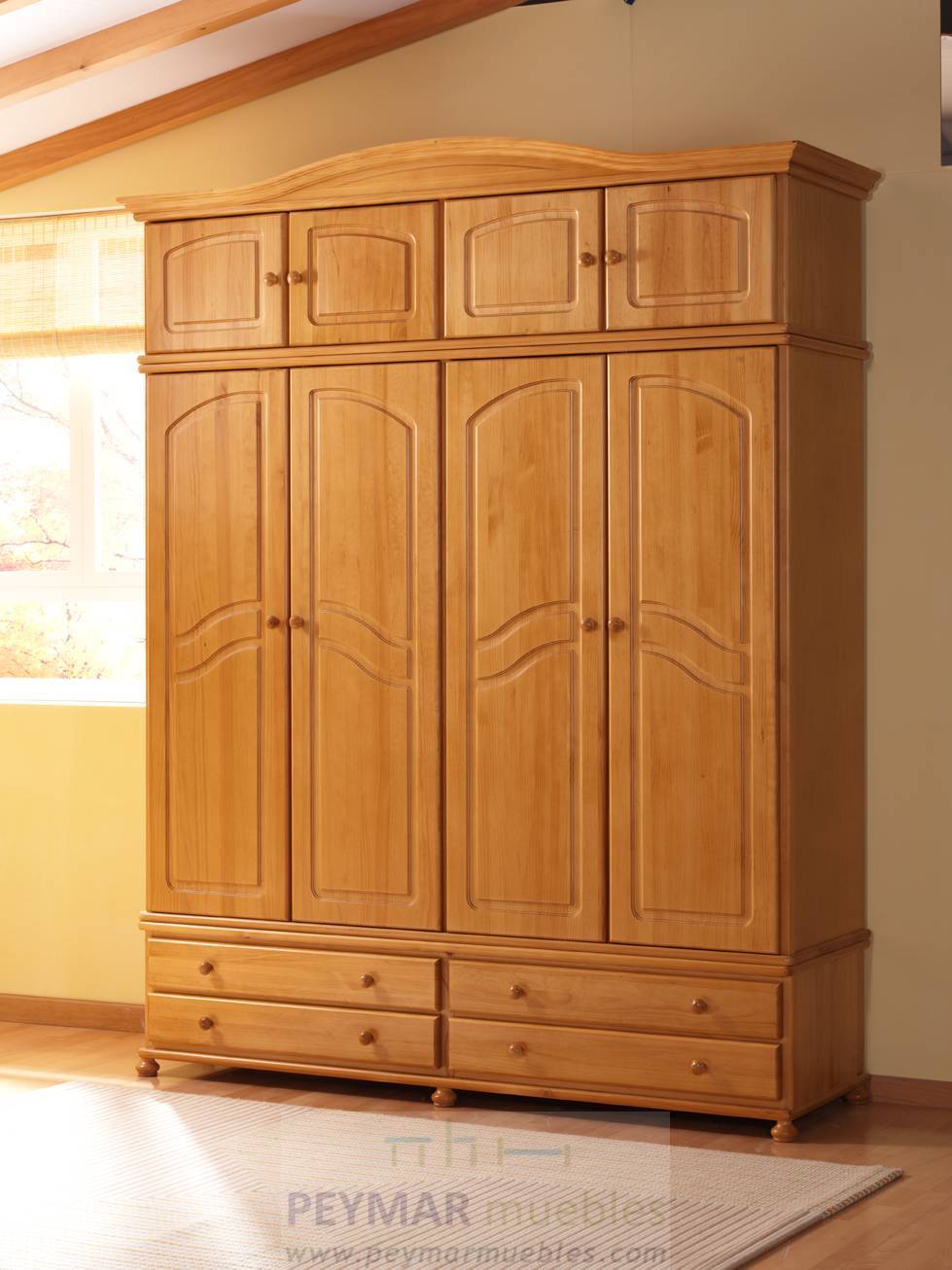 Armario 4 Puertas Provenzal - Armario ropero de 4 puertas y 4 cajones, de madera de pino maciza