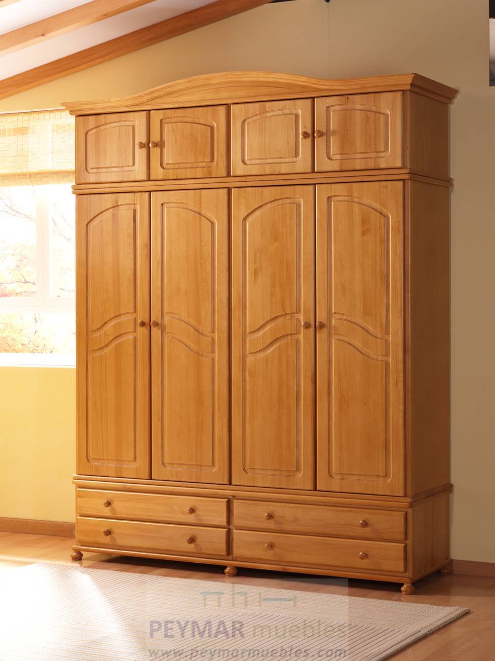 Armario 4 Puertas Provenzal - Armario ropero de 4 puertas y 4 cajones, de madera de pino maciza, con o sin altillo, disponible en varios colores