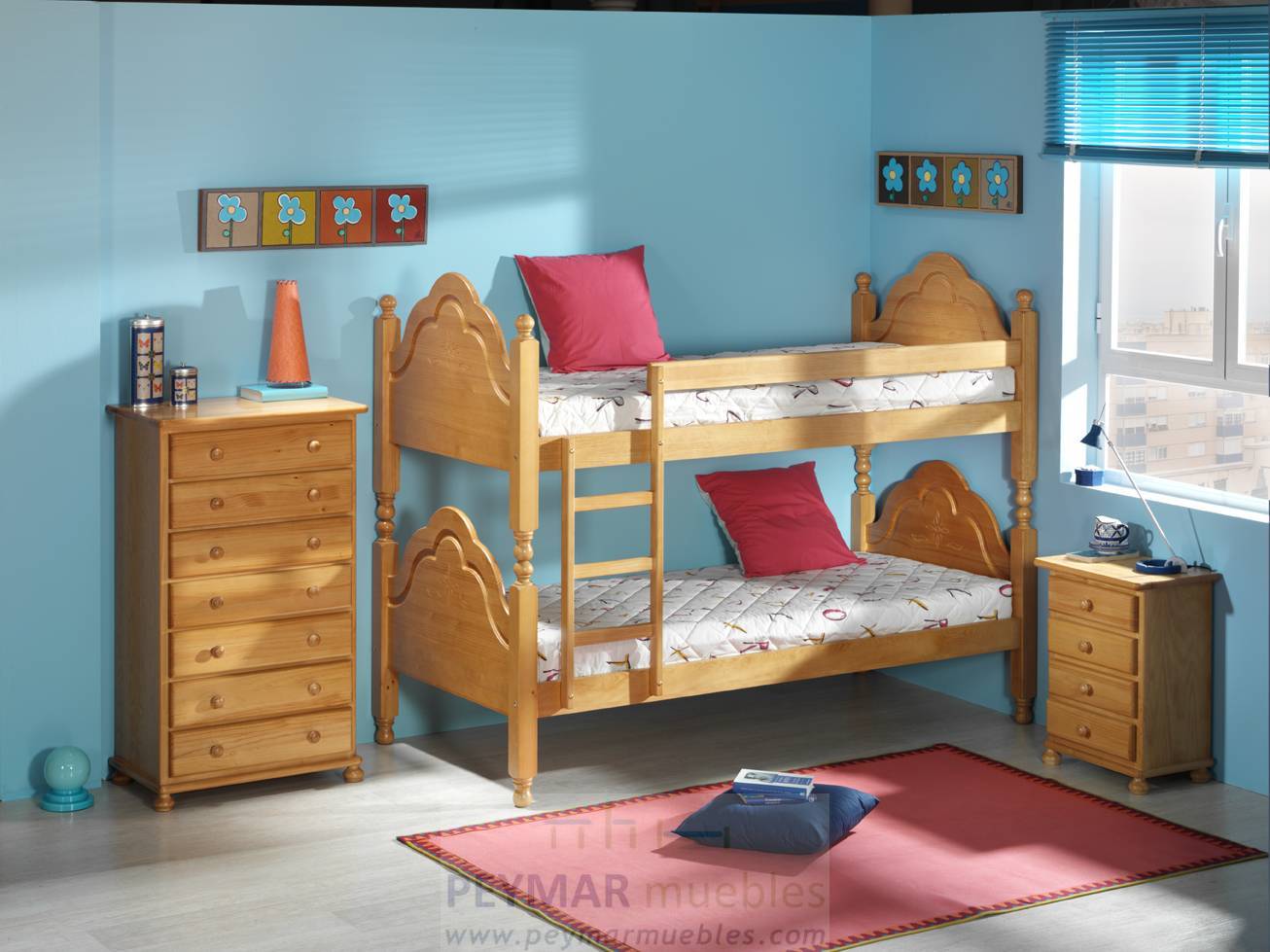 Litera de madera de pino maciza, con escalera
