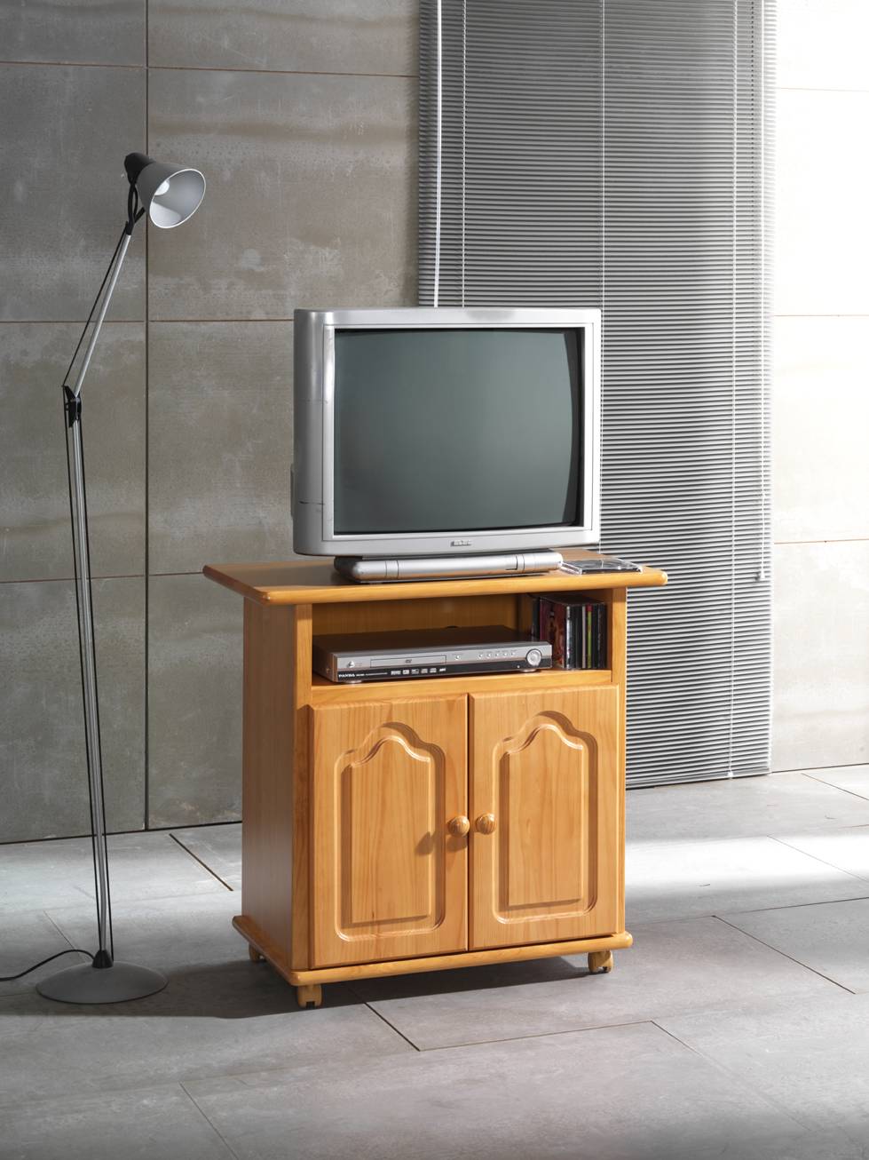 Mesa de televisión de 2 puertas y 1 hueco, de madera de pino maciza