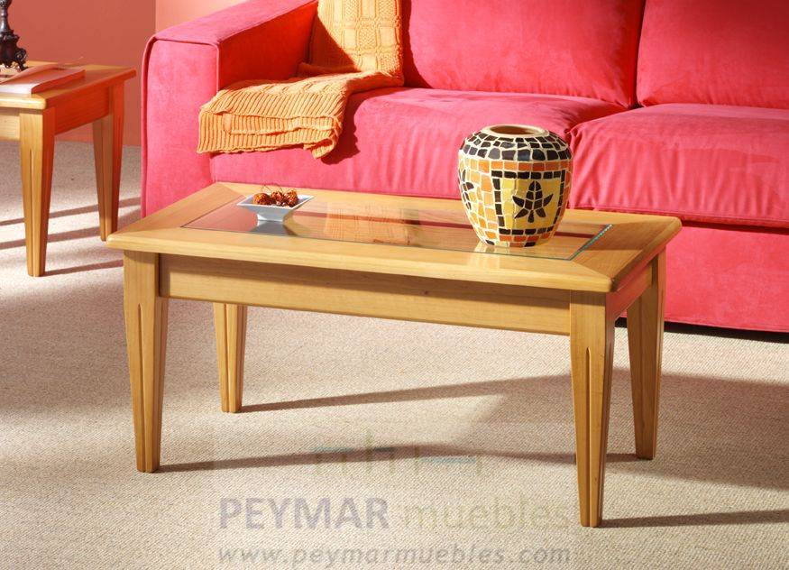 Mesa de centro rectangular con cajón y tapa de cristal. Fabricada de madera de pino maciza en varios colores.