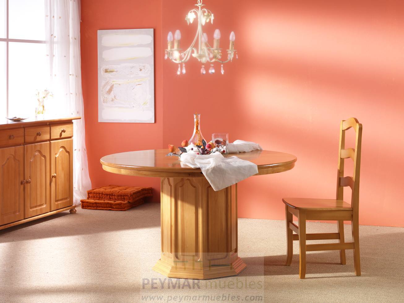 Mesa de comedor redonda fija de una columna, fabricada de madera de pino maciza