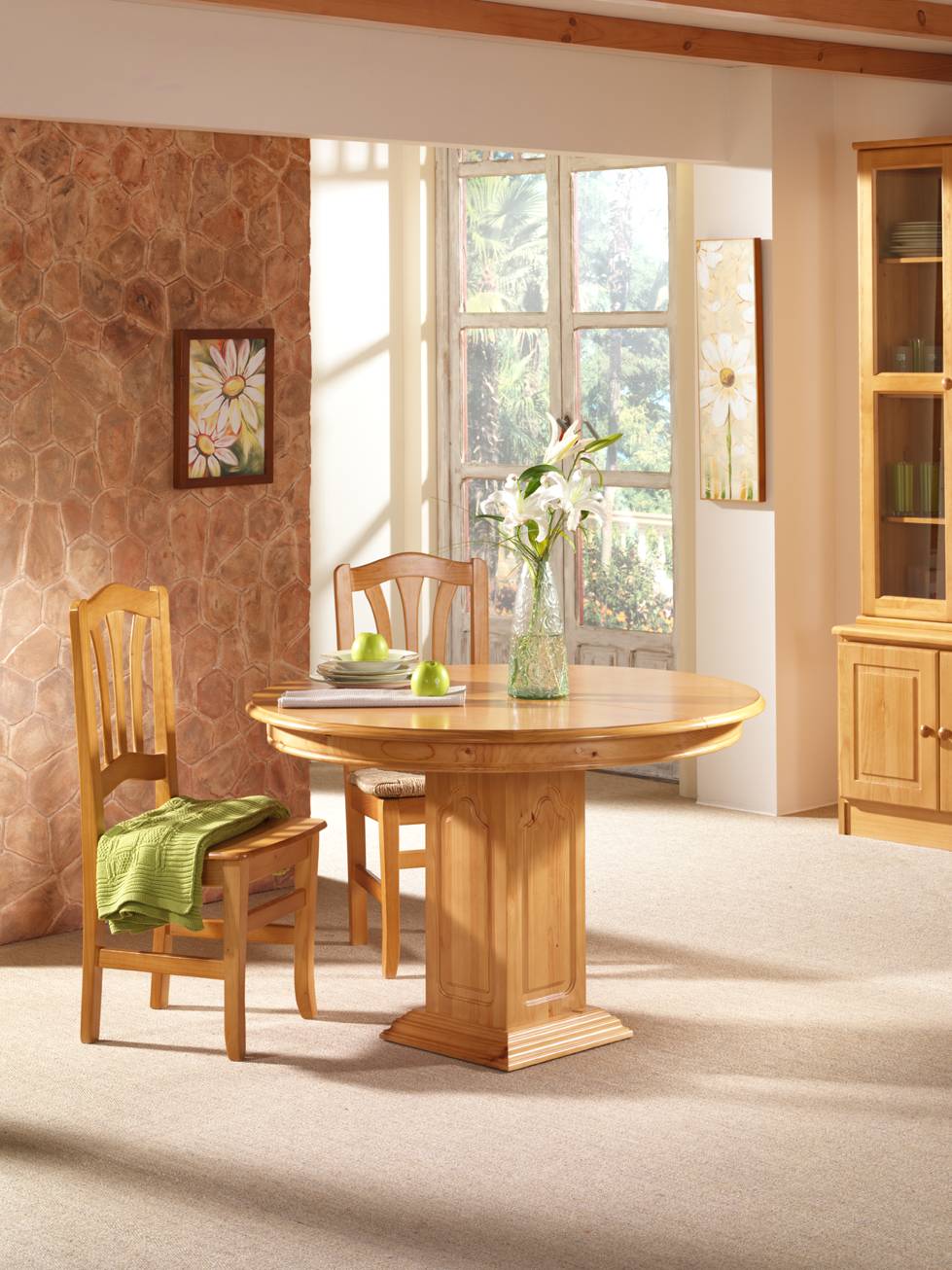 Mesa de comedor redonda extensible de una columna, fabricada de madera de pino maciza