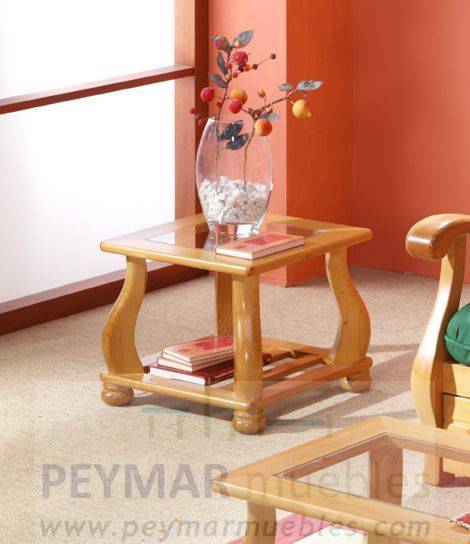 Mesa de rincón de madera de pino, con revistero y tapa de cristal