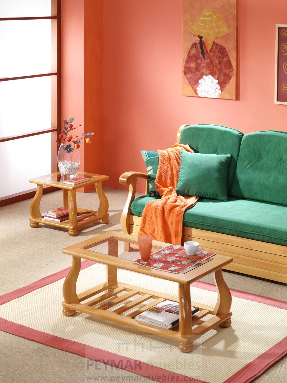 Mesa Rincón Tapa Cristal - Mesa de rincón de madera de pino, con revistero y tapa de cristal
