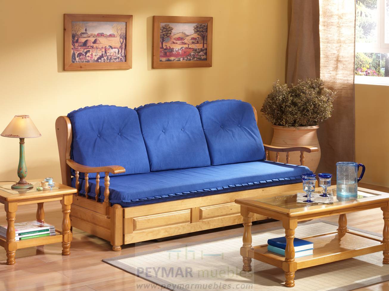Mesa Centro Revistero c/Cristal - Mesa de centro rectangular de madera de pino, con revistero y tapa de cristal