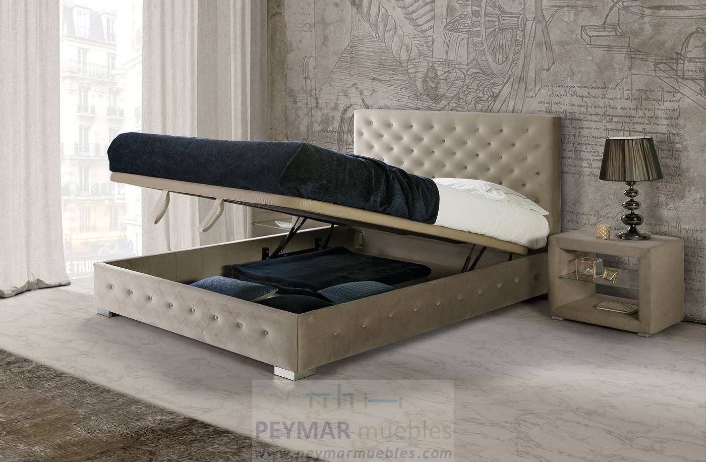 Cama Abatible LD Alma - Cama con canapé abatible tapizada en polipiel, tela o terciopelo,  disponible en varios tamaños y colores.