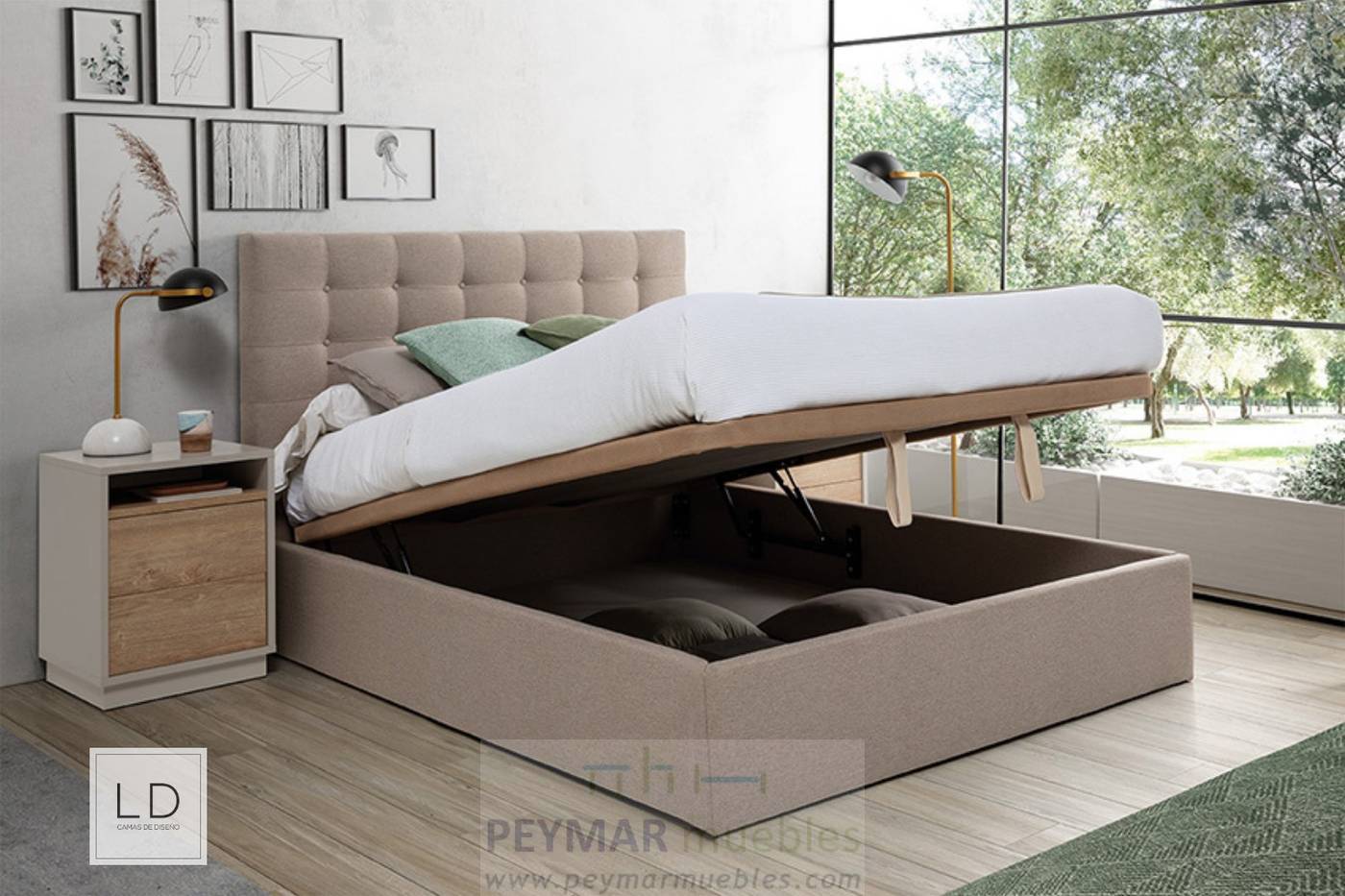 Cama Abatible LD Belén - Cama con canapé abatible tapizada en polipiel, tela o terciopelo,  disponible en varios tamaños y colores.