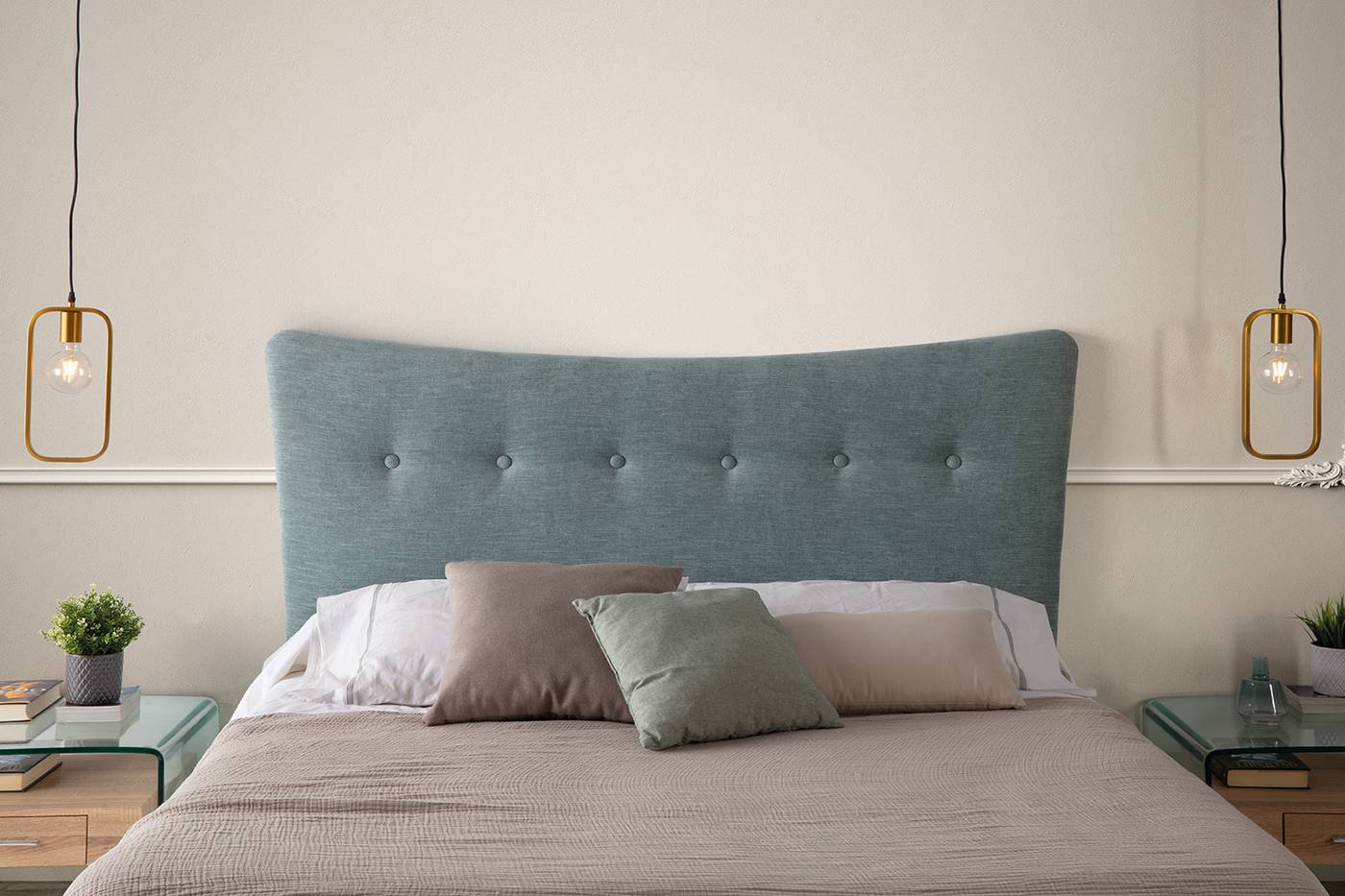 Cabezal para cama de matrimonio tapizado en polipiel, tela o terciopelo. Disponible en varios tamaños y colores.