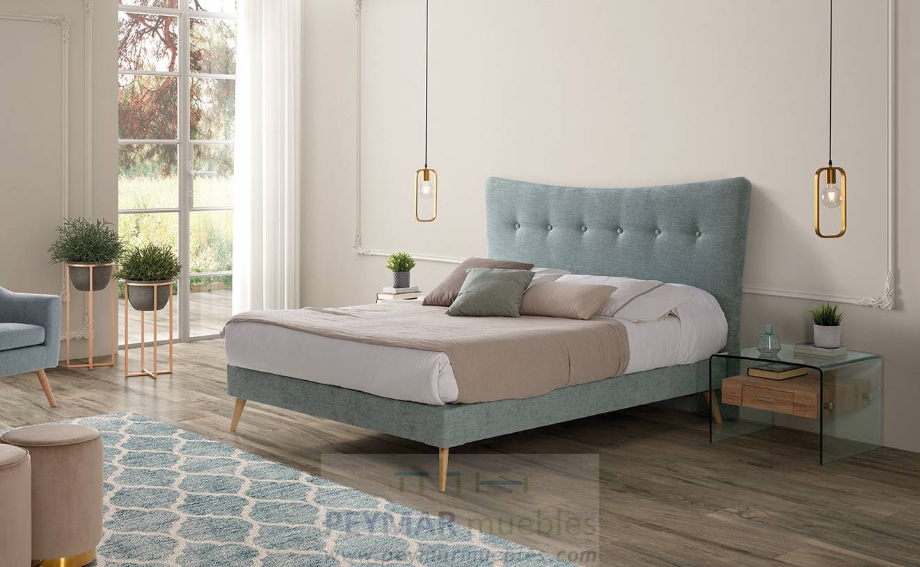 Cama Fija LD Malmo - Cama de matrimonio con canapé fijo, tapizada en polipiel, tela o terciopelo. Disponible en varios tamaños y colores.