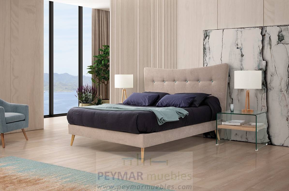 Cama Fija LD Malmo - Cama de matrimonio con canapé fijo, tapizada en polipiel, tela o terciopelo. Disponible en varios tamaños y colores.