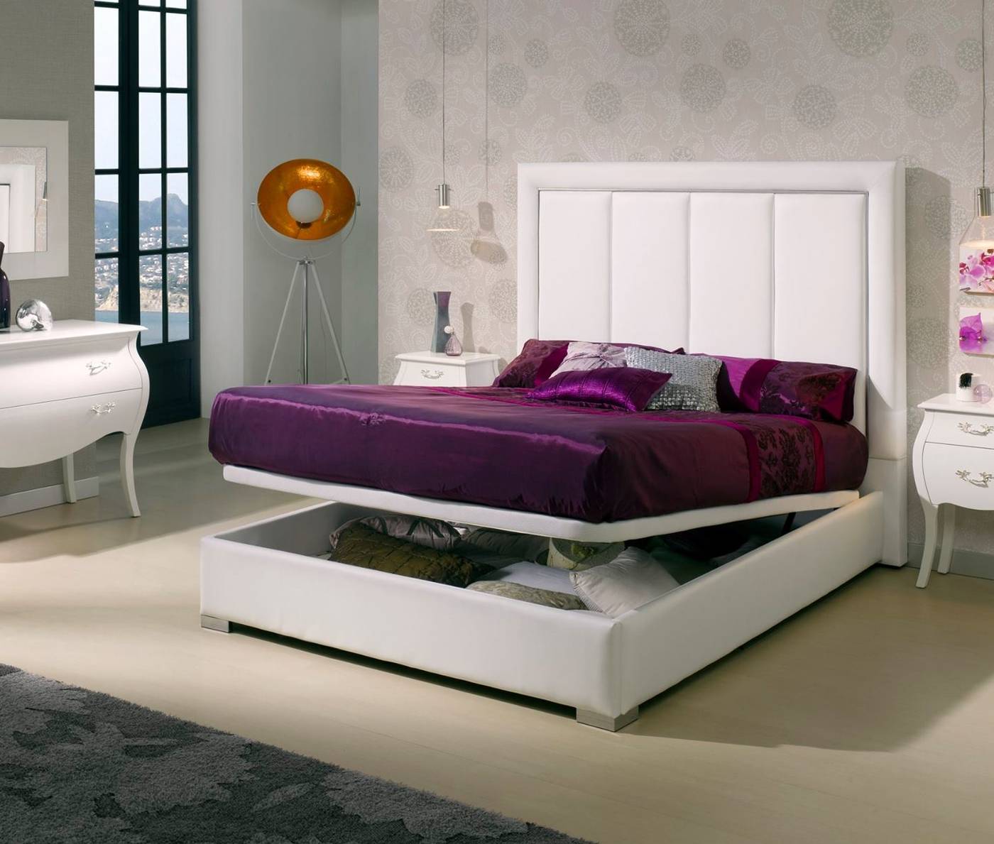 Cama con canapé abatible tapizado en polipiel, tela o terciopelo, para cama de 150, 160 o 180 cm. Disponible en varios colores.