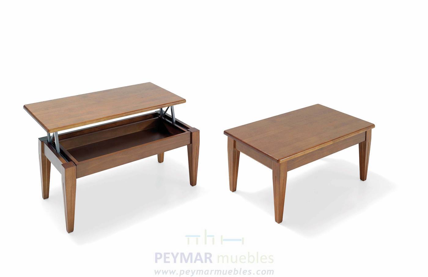 Mesa de centro con tapa de madera elevable y compartimento interior. Fabricada de madera de pino maciza en varios colores.