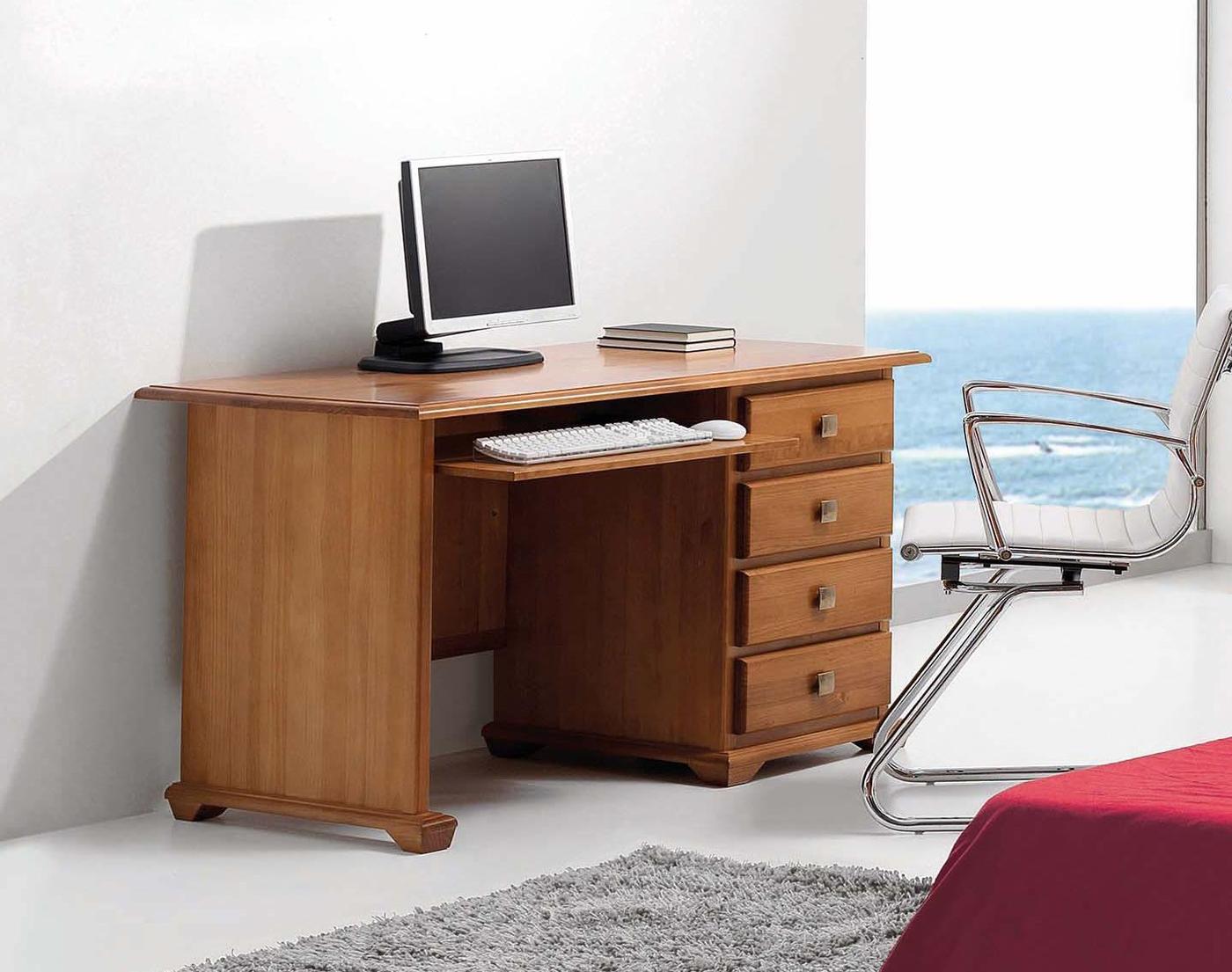 Escritorio/mesa de estudio con cajonera integrada, de madera de pino maciza, de 100 o 125 cm,  con o sin bandeja para teclado